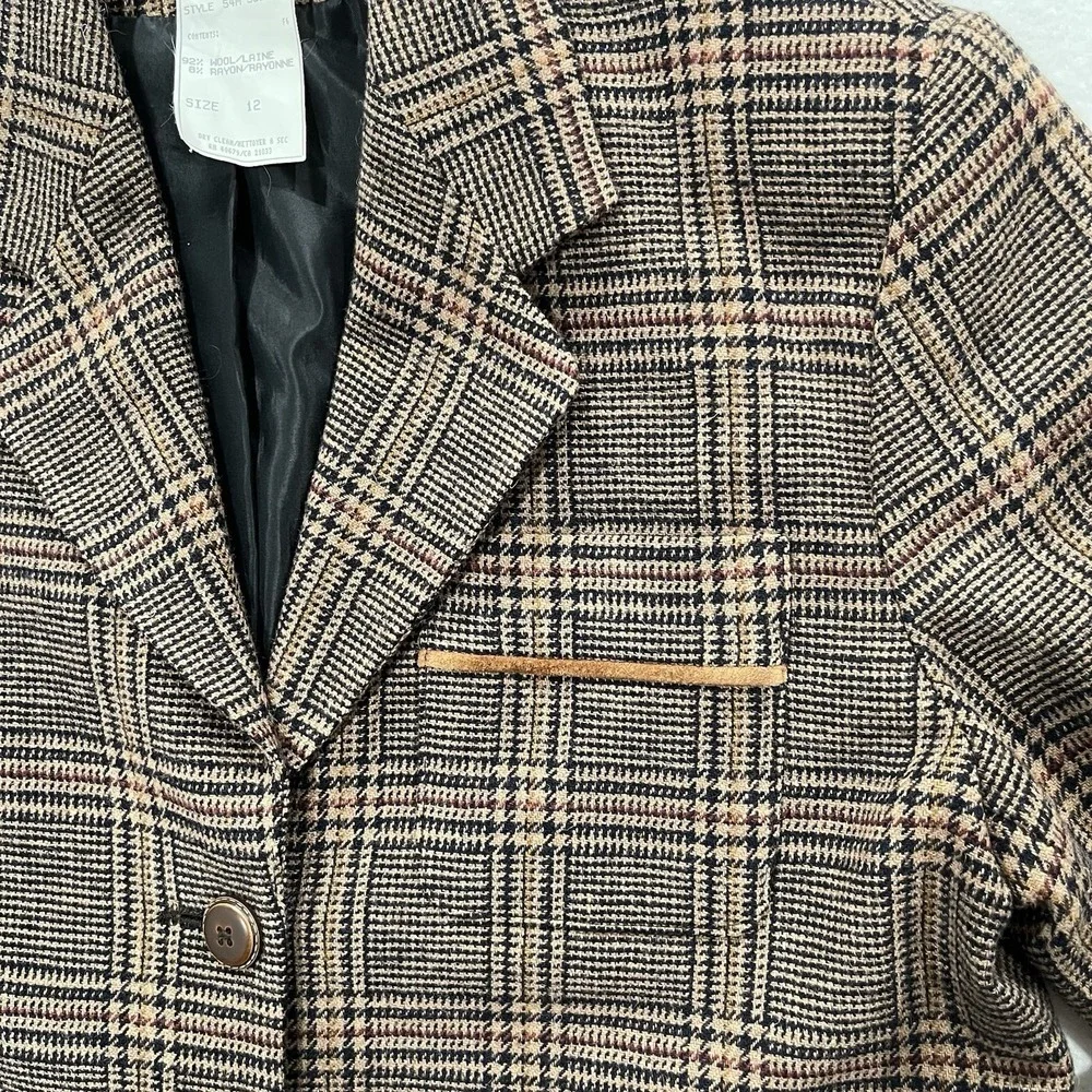 Wool Plaid Blazer Harve Bernard  With Suede Leather Trim Womens Size 12 Vintage